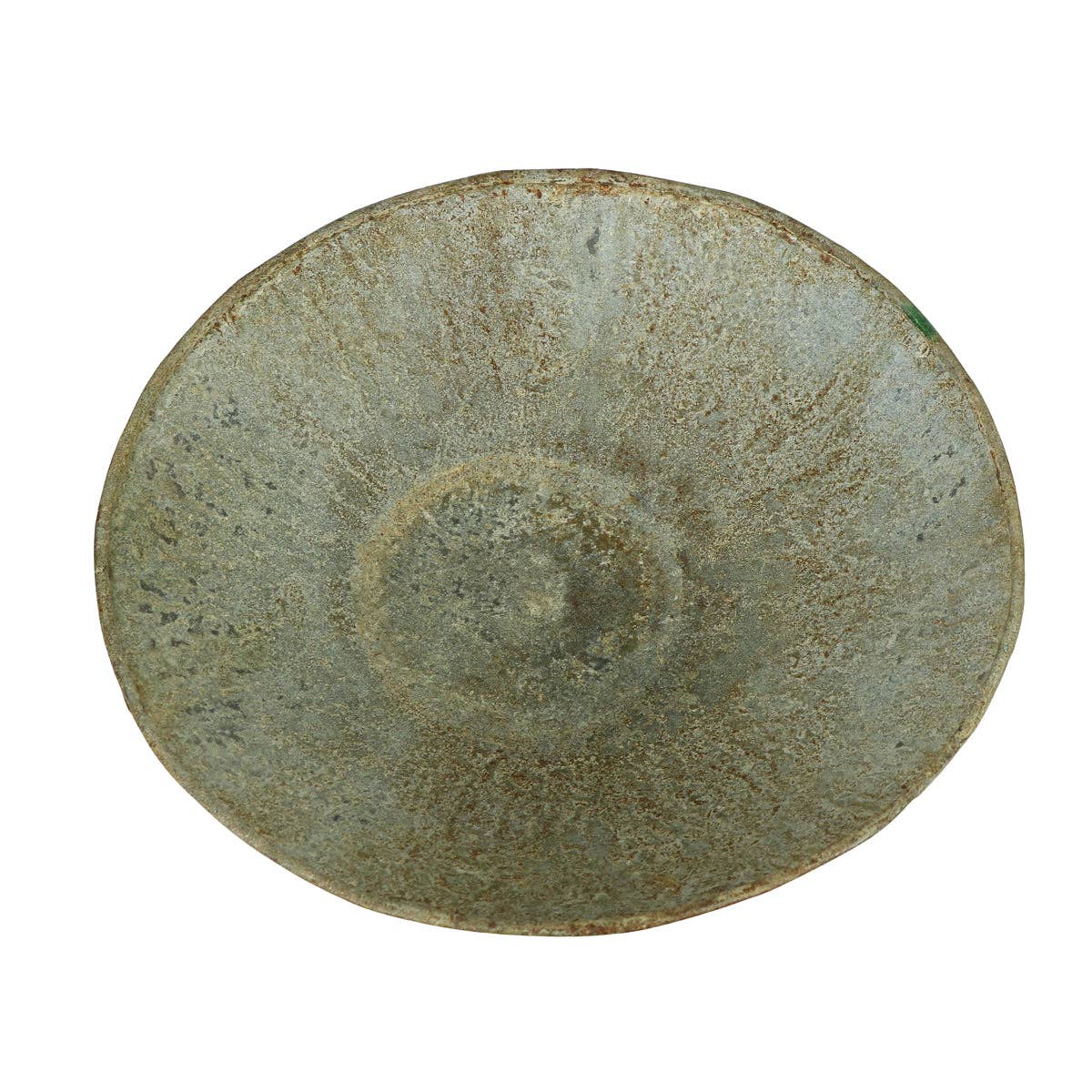 An antique-style metal saucer planter with a rustic finish, viewed from above, on a white background.