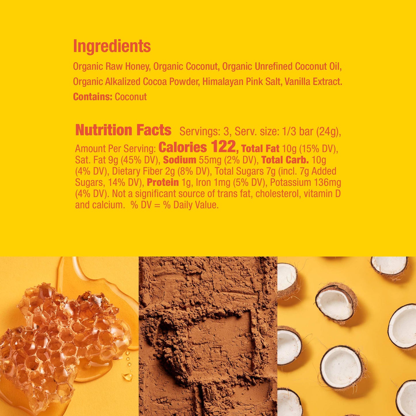 The real foods used to make the Honey Mama's Coconut Cocoa Truffle Bar. Ingredients, Nutrition facts and pictures of some of the natural foods used.