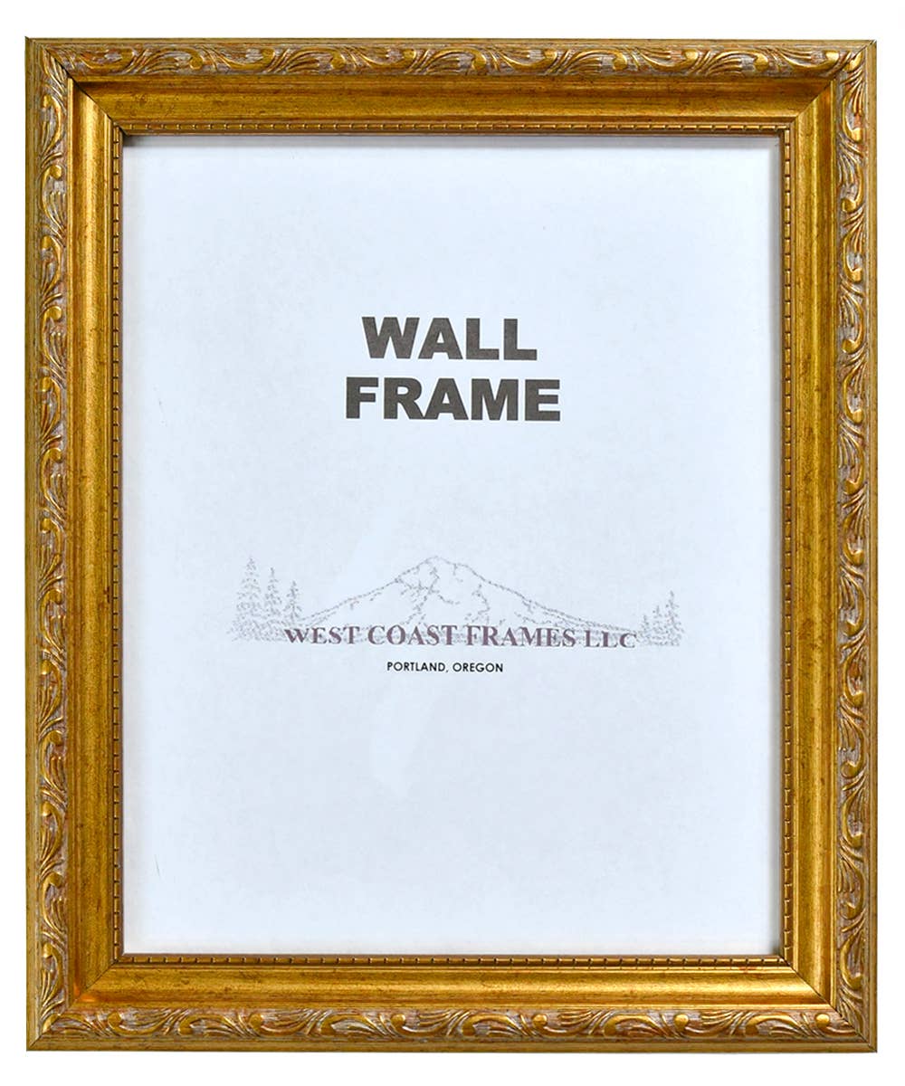 A gold antique filigree poly picture frame with a clear glass panel labeled 'WALL FRAME' and a sawtooth hanger.