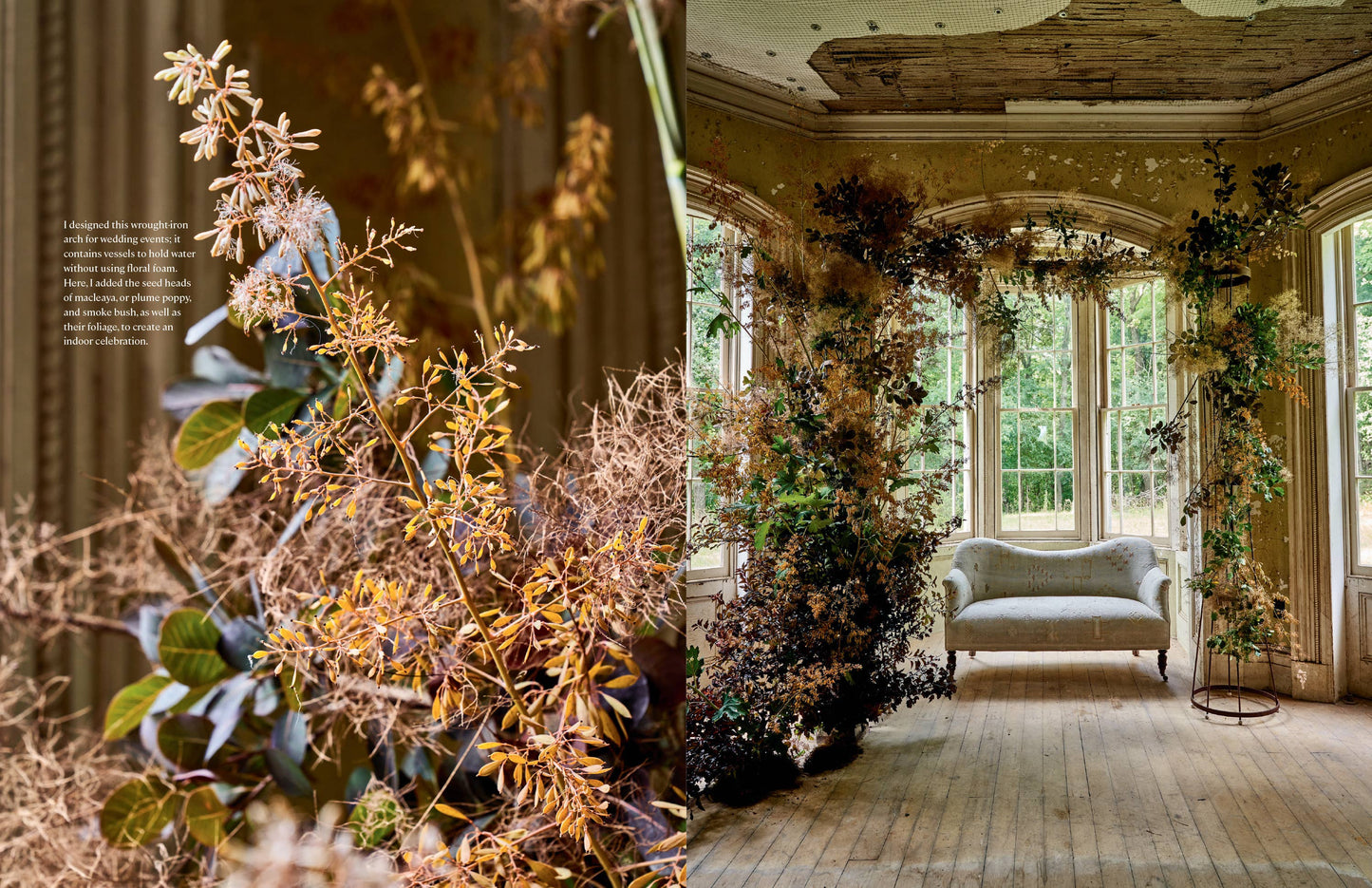 Open book 'Home in Bloom' showing floral arrangements and home decor, here with a floral arch.