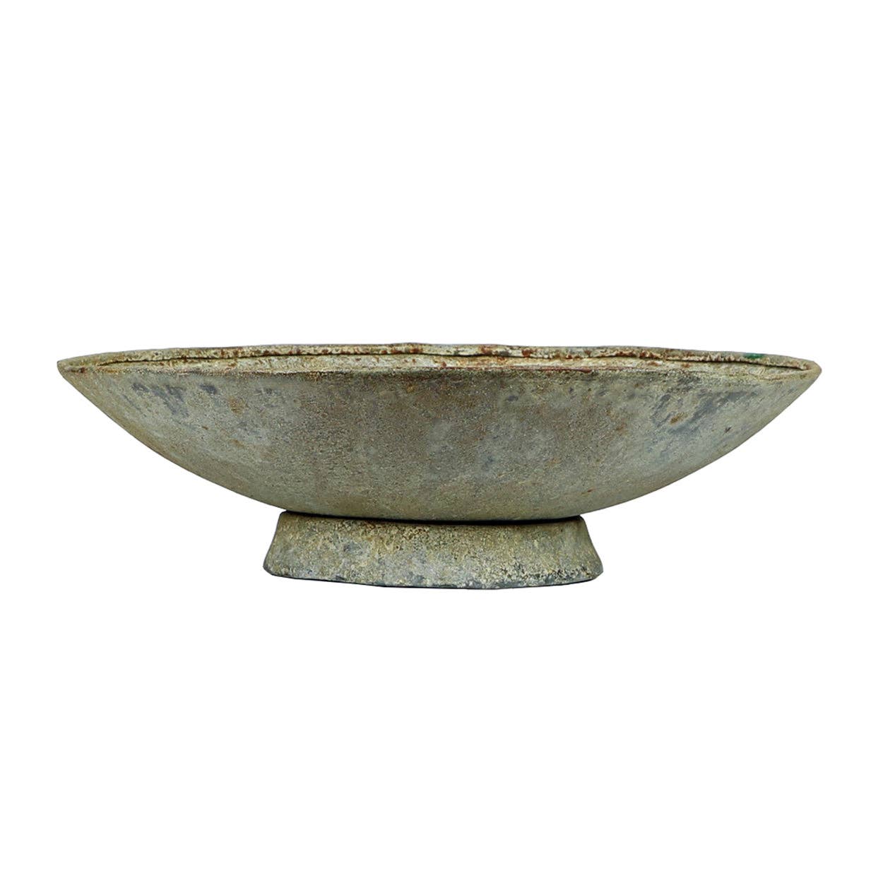 An antique-style metal saucer planter with a rustic finish on a white background. This is the small version.