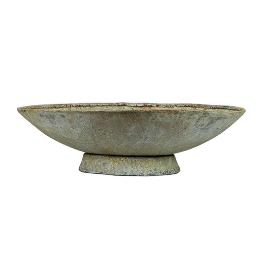 An antique-style metal saucer planter with a rustic finish on a white background. This is the small version.