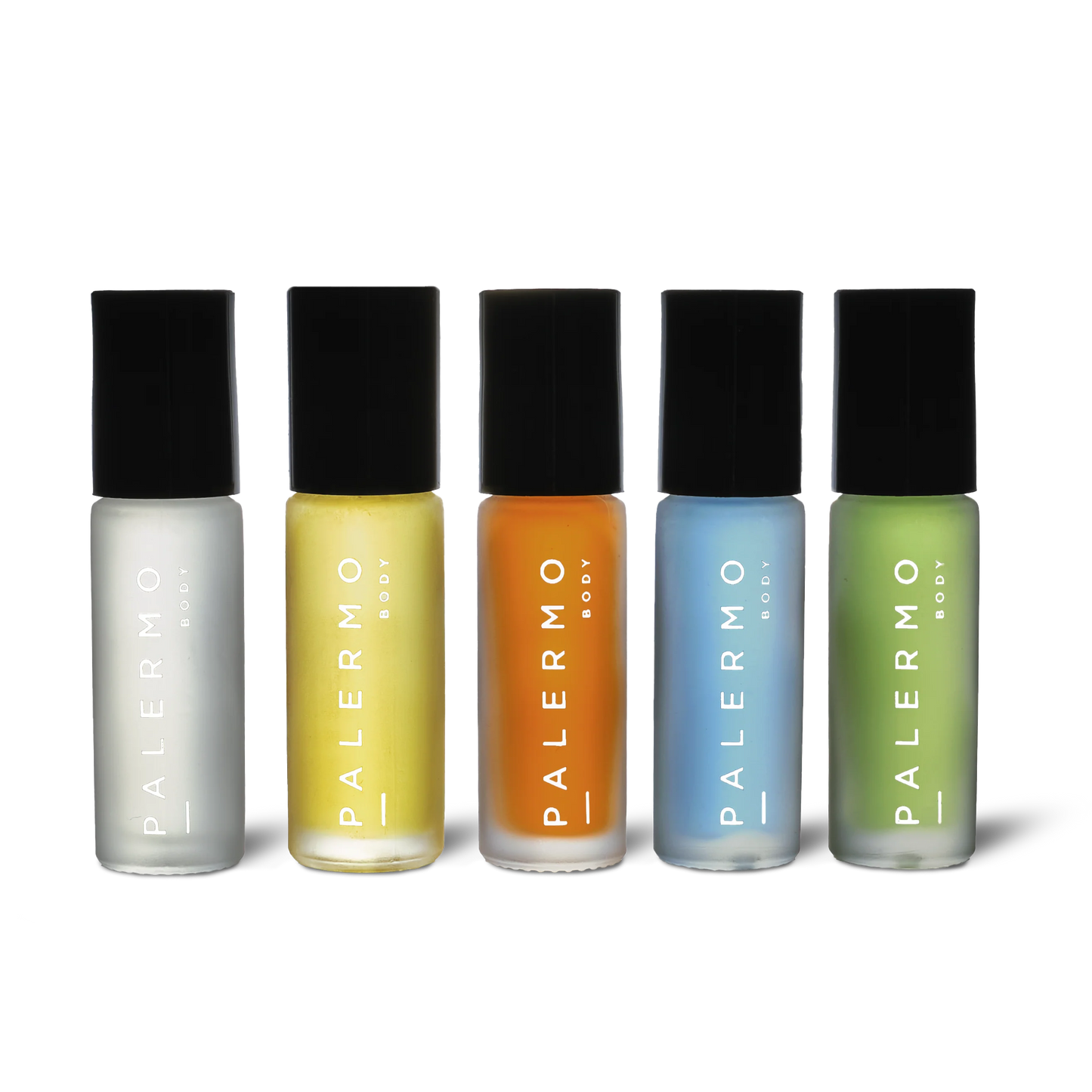 Five bottles of Palermo Body aromatherapy oils for focus, calm, and creativity with black caps on a white background