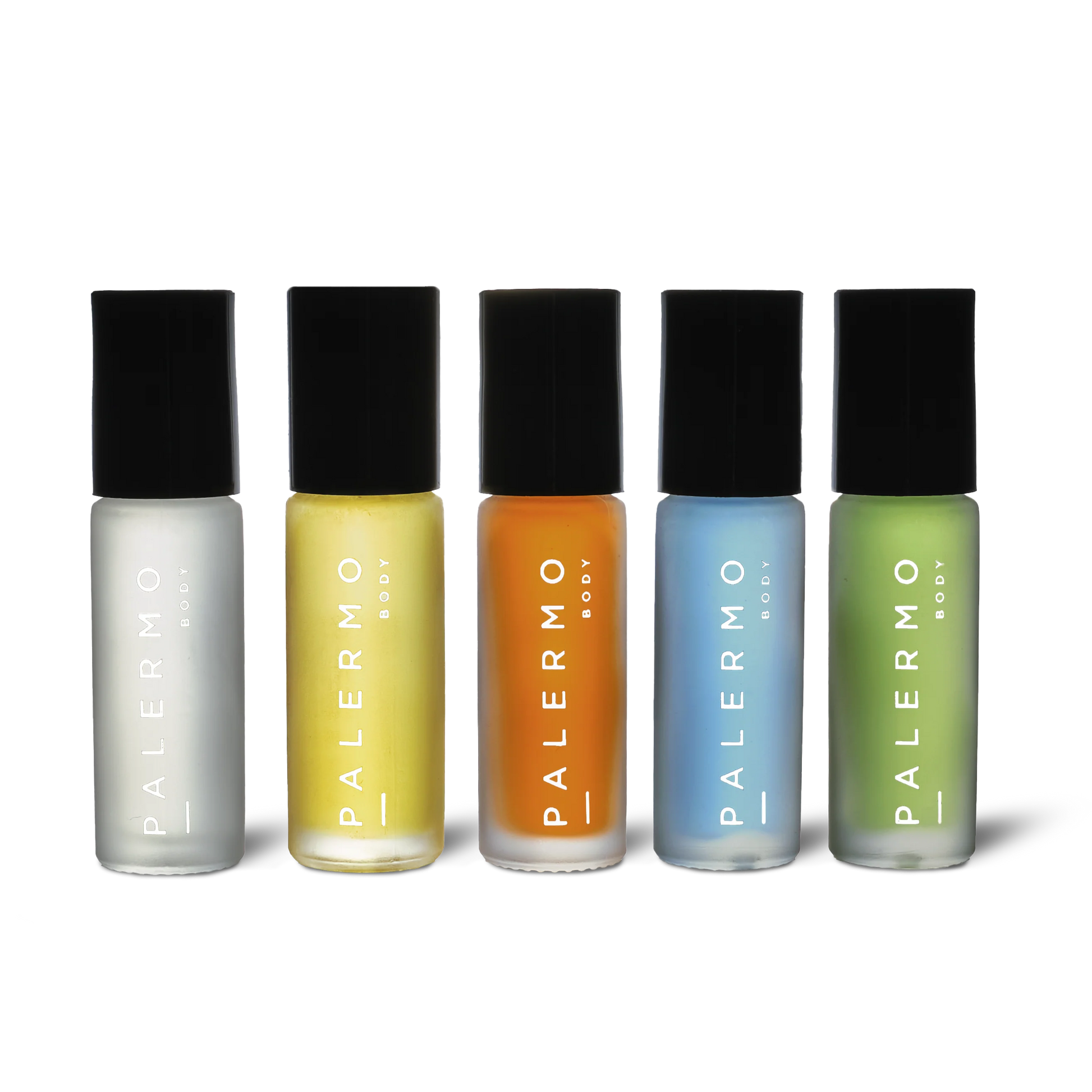 Five bottles of Palermo Body aromatherapy oils for focus, calm, and creativity with black caps on a white background
