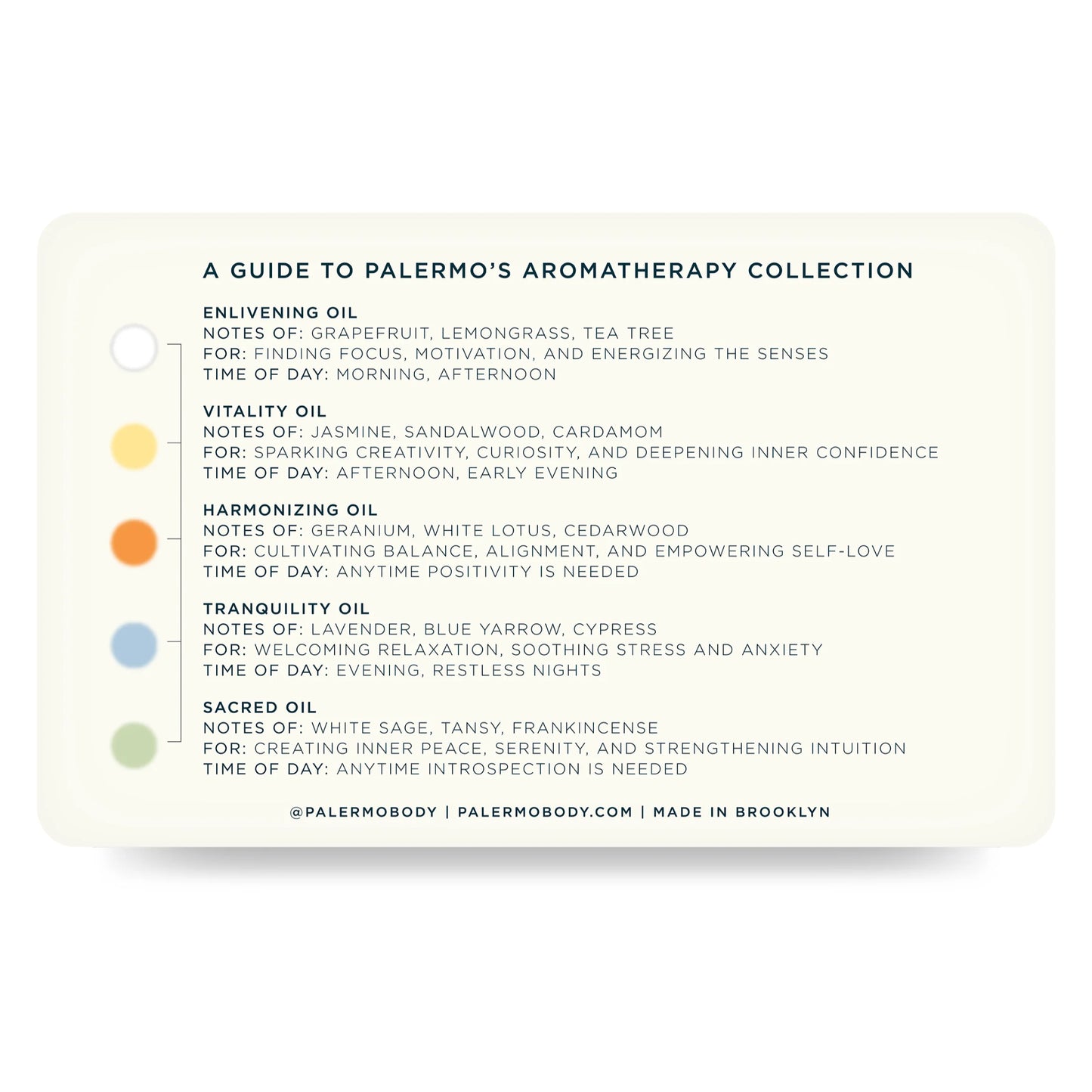 Guide to Palermo's Aromatherapy Collection on a white background