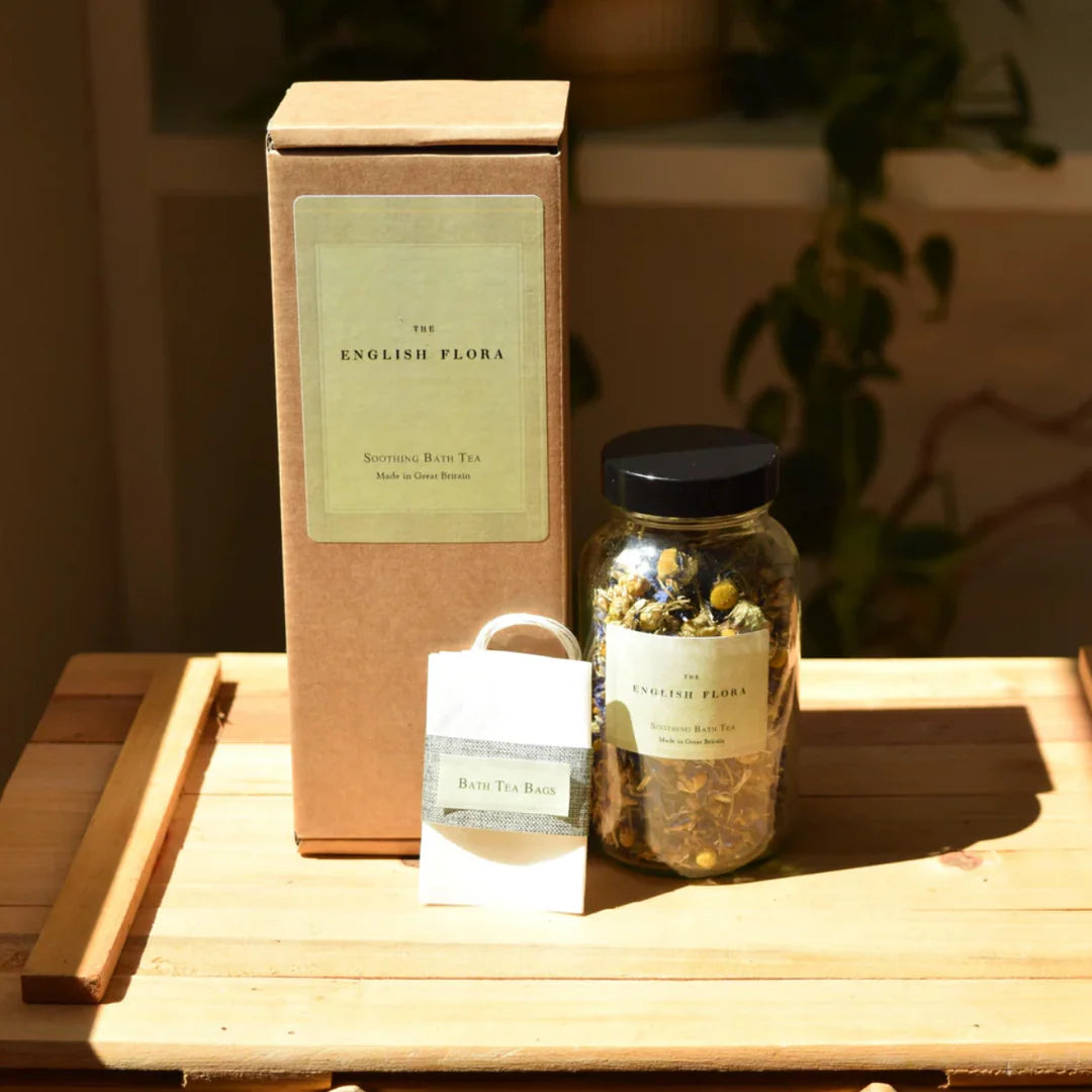 Handmade natural soothing Bath tea gift set with packaging on a wooden surface