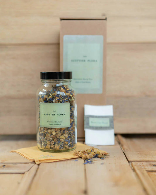Handmade natural soothing Bath tea gift set with packaging on a wooden surface