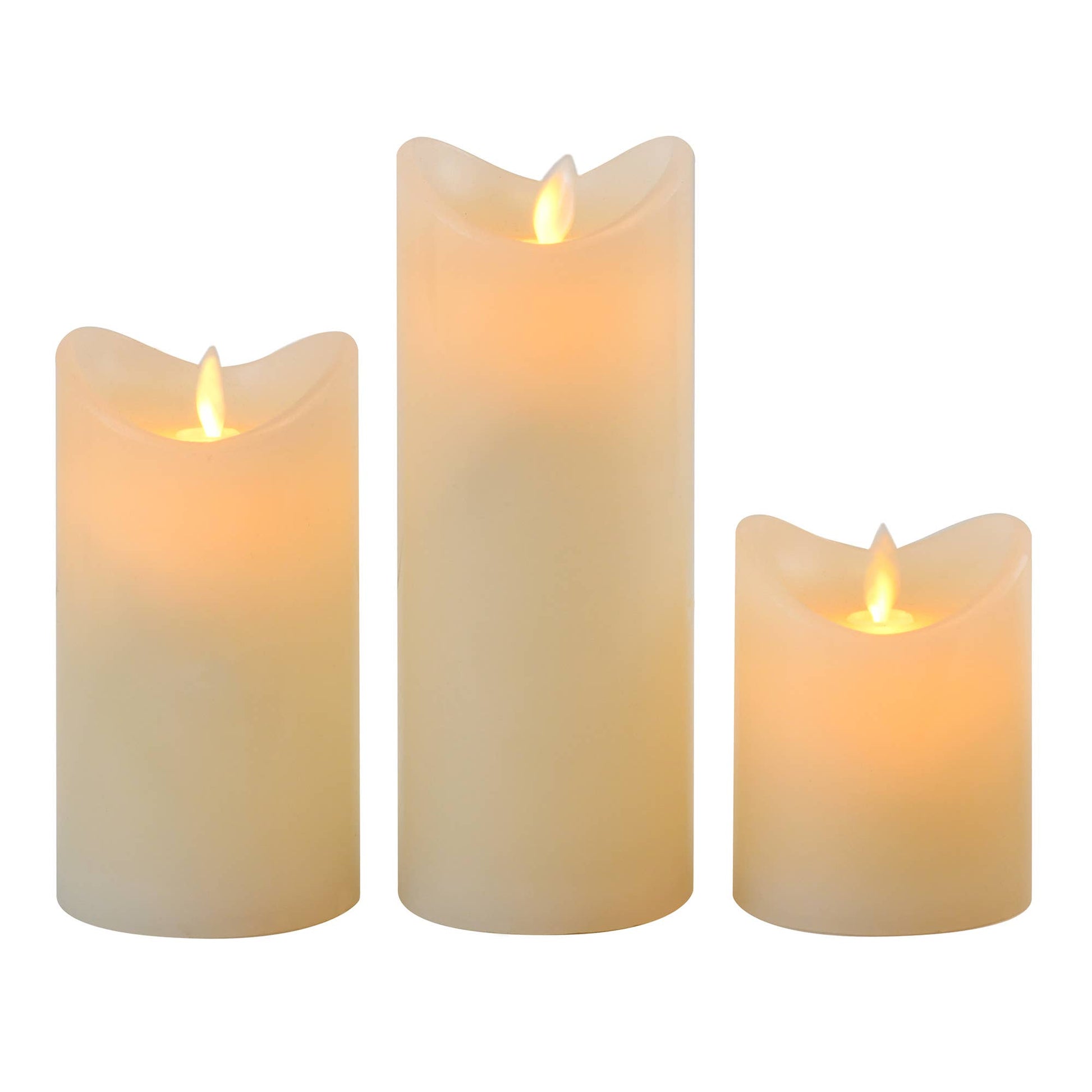 Three flameless battery operated candles with flickering lights on a white background
