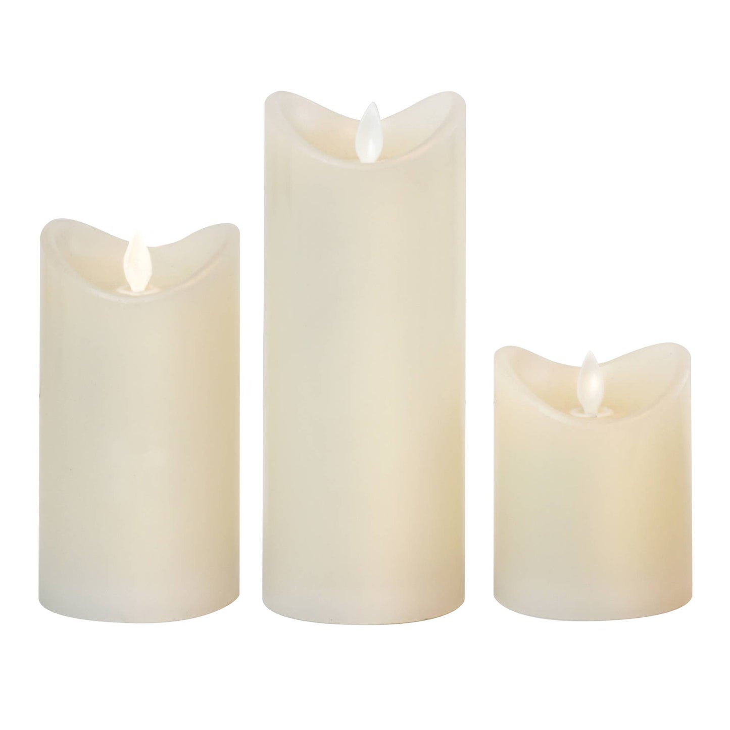 Three white flameless battery operated candles with flickering lights on a white background