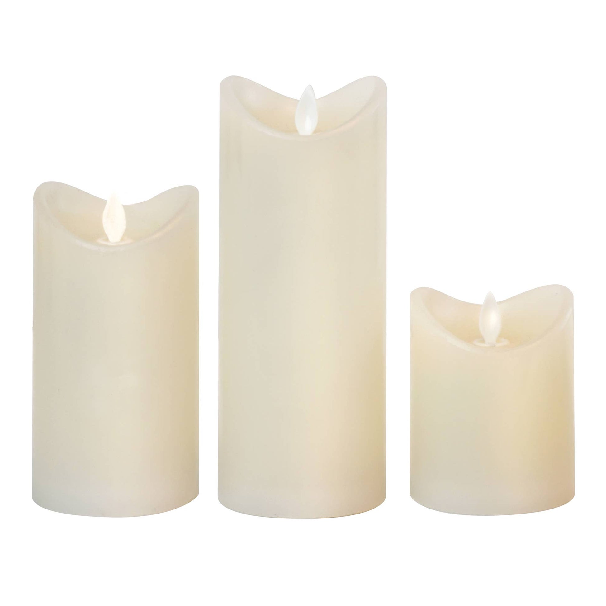 Three white flameless battery operated candles with flickering lights on a white background