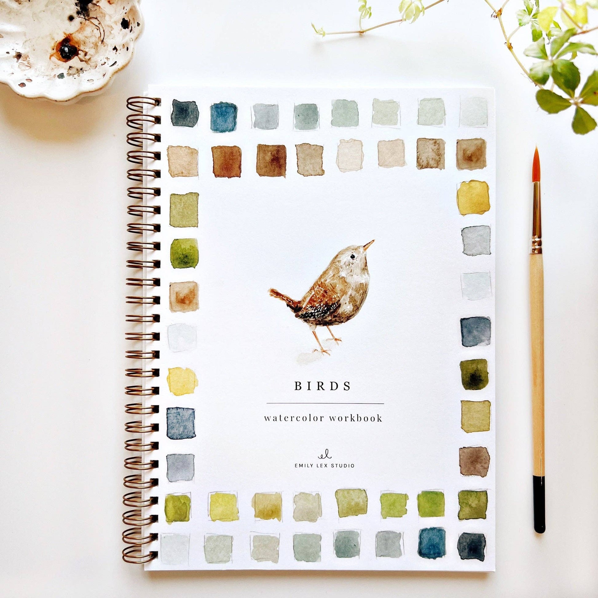 A watercolor workbook titled 'BIRDS' with an illustration of a bird and color swatches on the cover, laid next to a paintbrush.