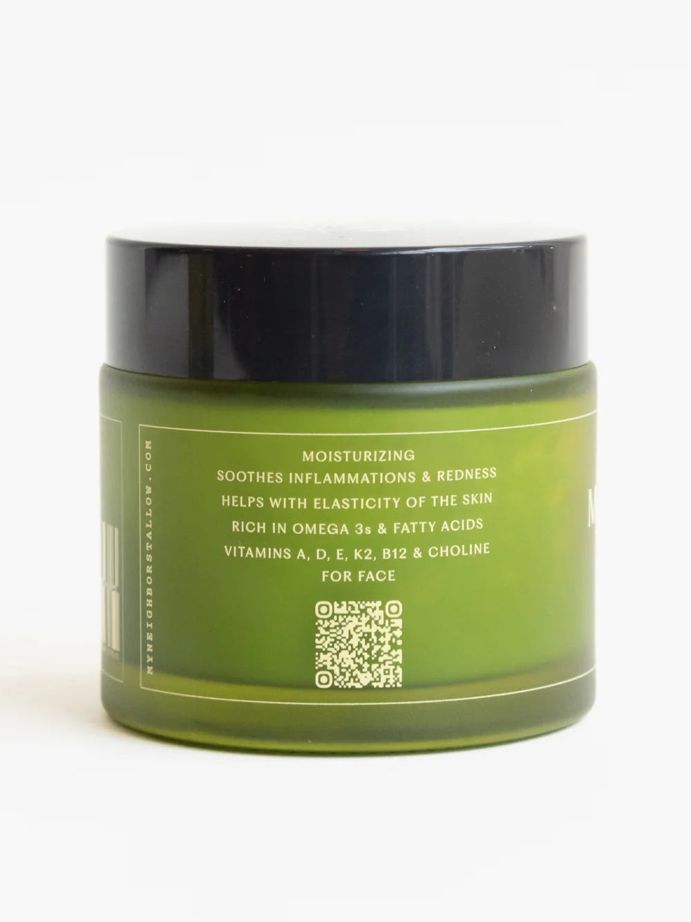 Green jar of 'My Neighbor's Tallow' Blue Moon Tallow balm on a white background, with description