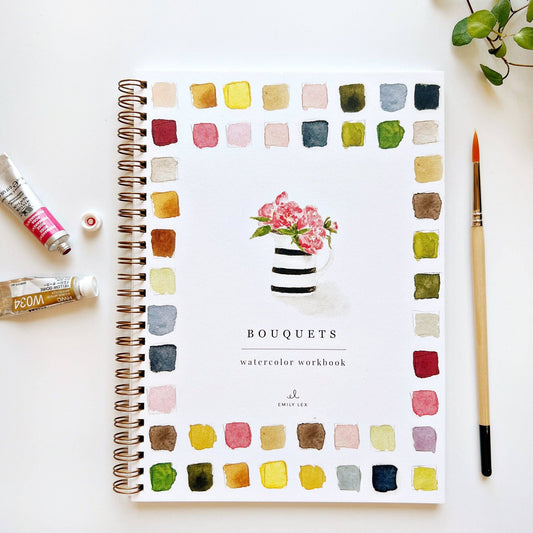 Watercolor workbook titled 'Bouquets' with a flower bouquet illustration, color swatches and a paintbrush on a white background