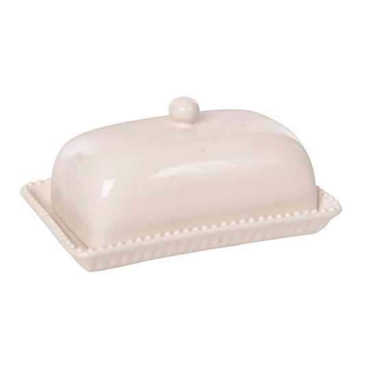 A white porcelain butter dish with a textured pattern and a chic decorative border.