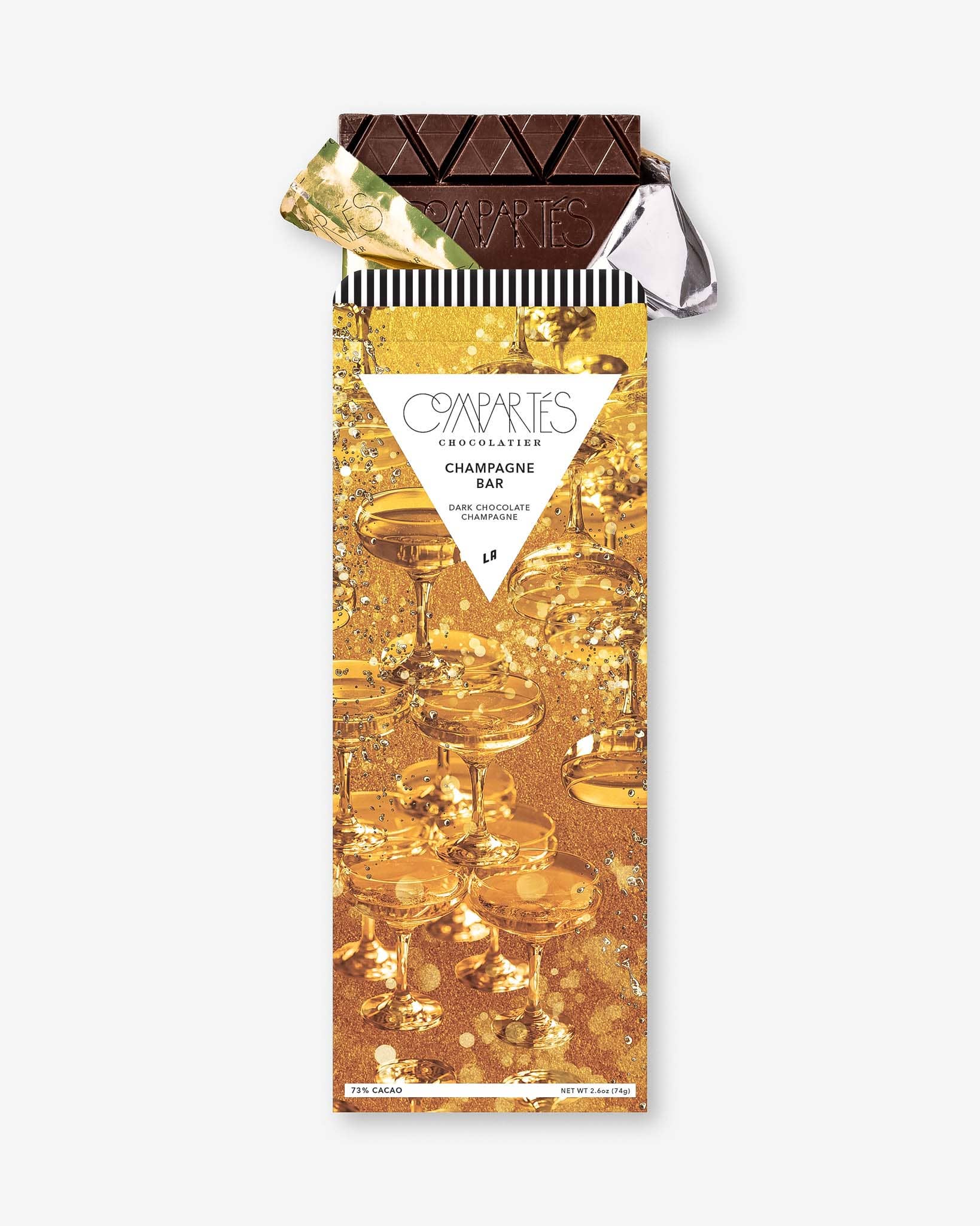 A gourmet dark chocolate bar with a golden wrapper featuring champagne graphics and the text 'Champagne Dark Chocolate Bar'.