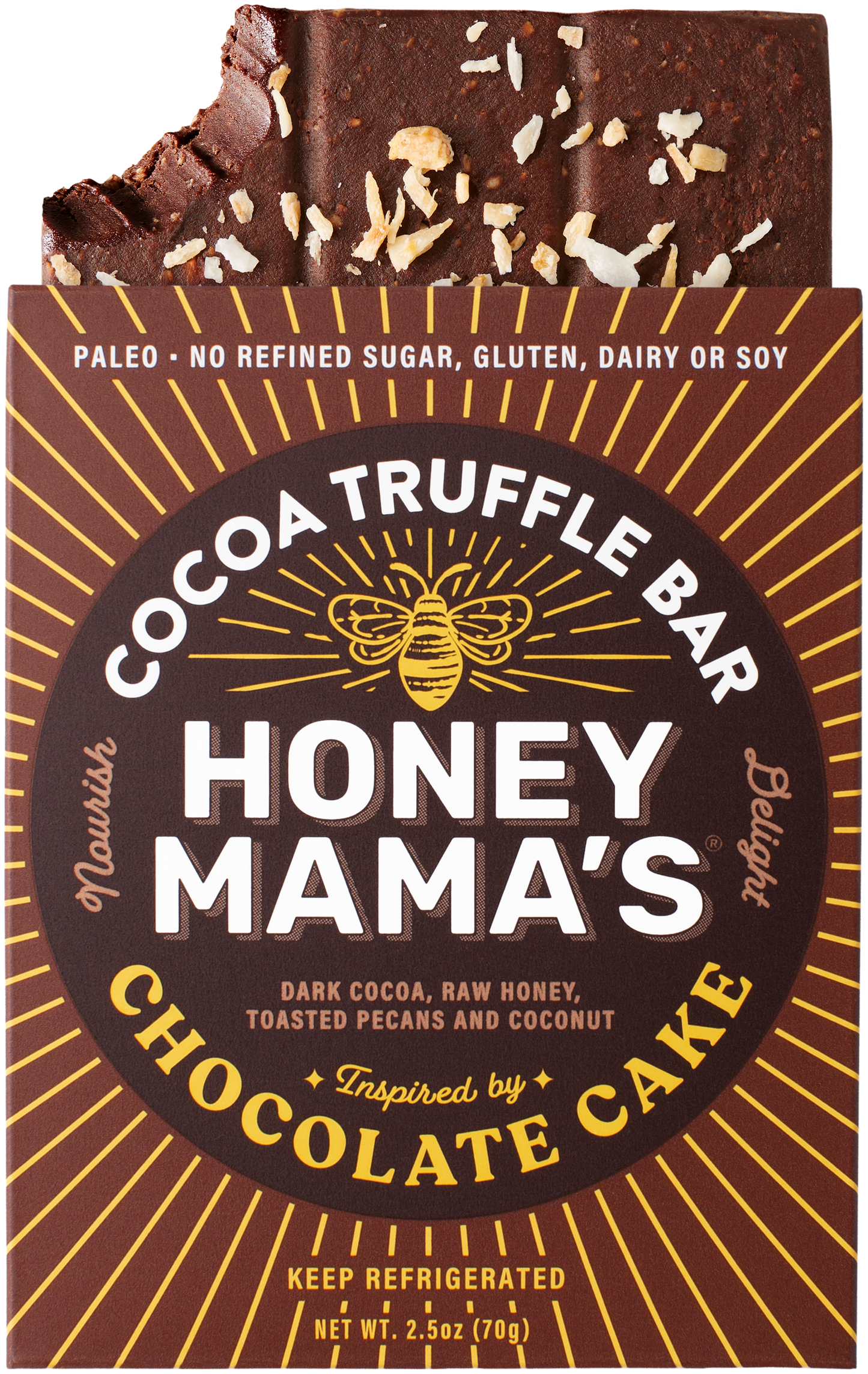 Packaging of Honey Mama's Chocolate Cake Cocoa Truffle Bar, featuring the product name, a brief description, and a list of dietary preferences such as paleo, refined sugar-free, dairy-free, and gluten-free.