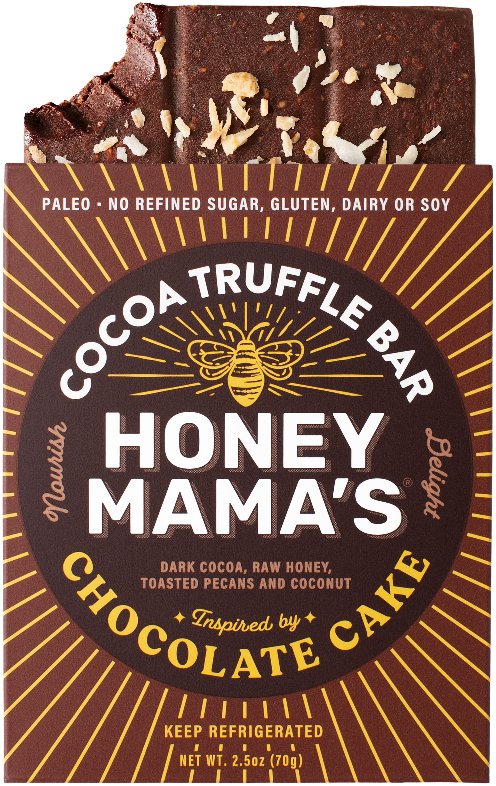 Packaging of Honey Mama's Chocolate Cake Cocoa Truffle Bar, featuring the product name, a brief description, and a list of dietary preferences such as paleo, refined sugar-free, dairy-free, and gluten-free.