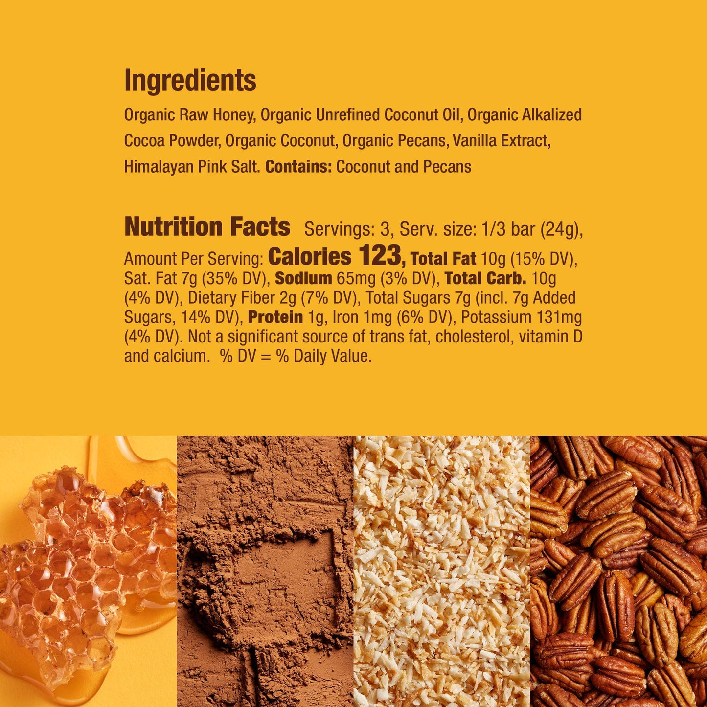 The real foods used to make the Honey Mama’s Chocolate Cake Bar with pecans and coconut. Ingredients, Nutrition facts and pictures of ingredients.