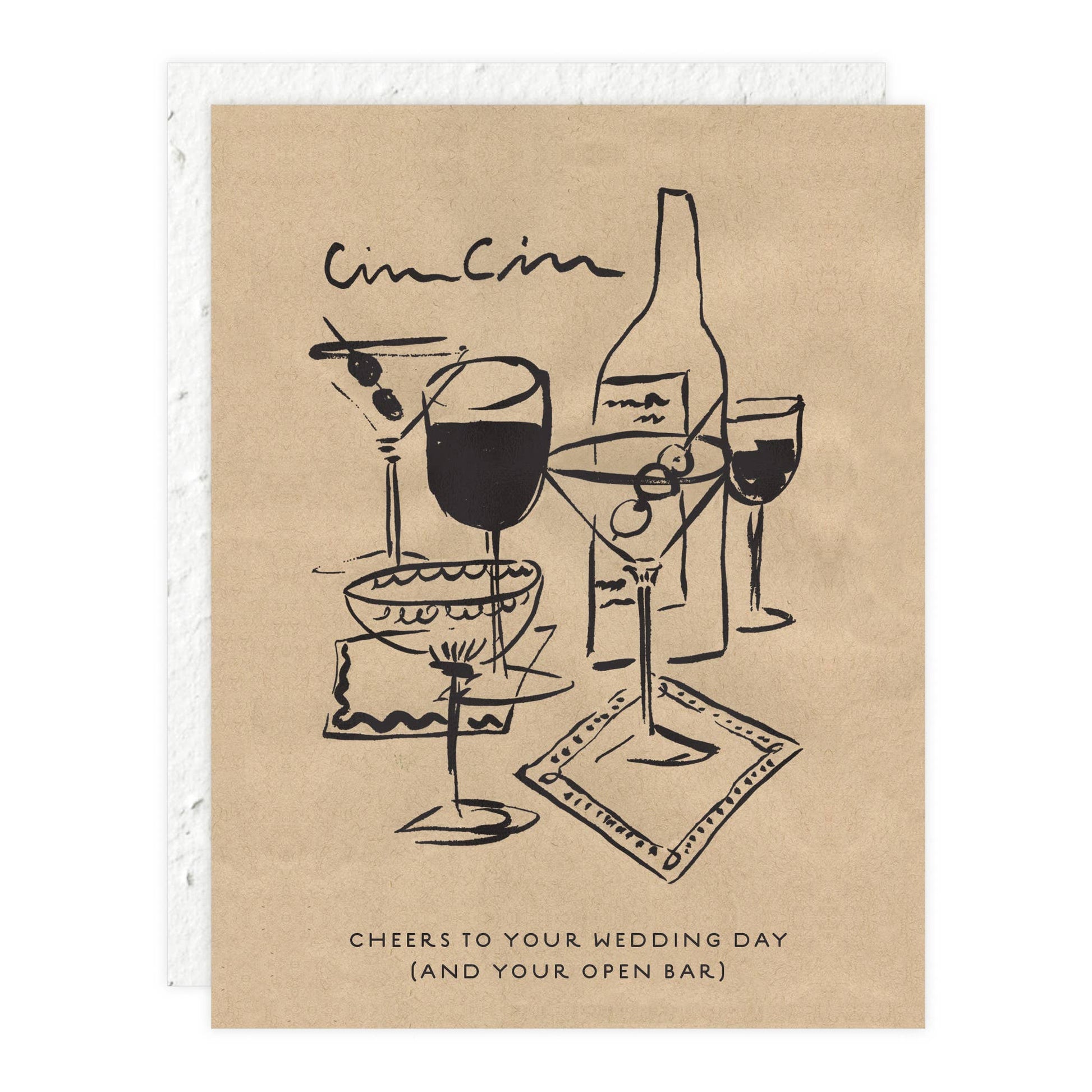 Wedding card with a black illustration of cocktails drinks on a beige background with the text "Cin Cin" and "Cheers to your wedding day (and your open bar)"