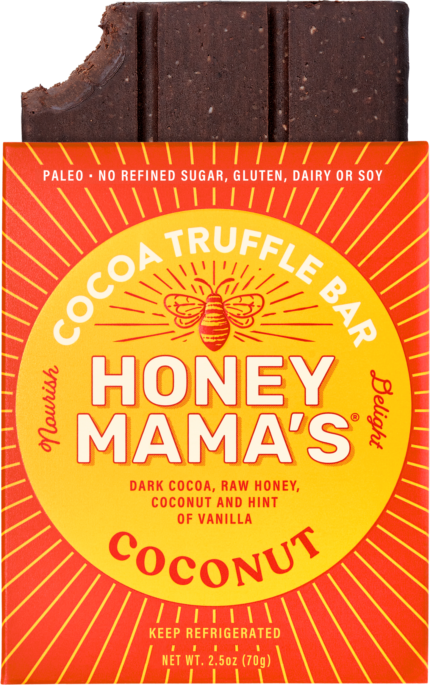 Packaging of Honey Mama's Coconut Cocoa Truffle Bar with the product visible. On the packaging we can see that the bar is made from real foods only, paleo, refined sugar-free, dairy-free, and gluten-free.