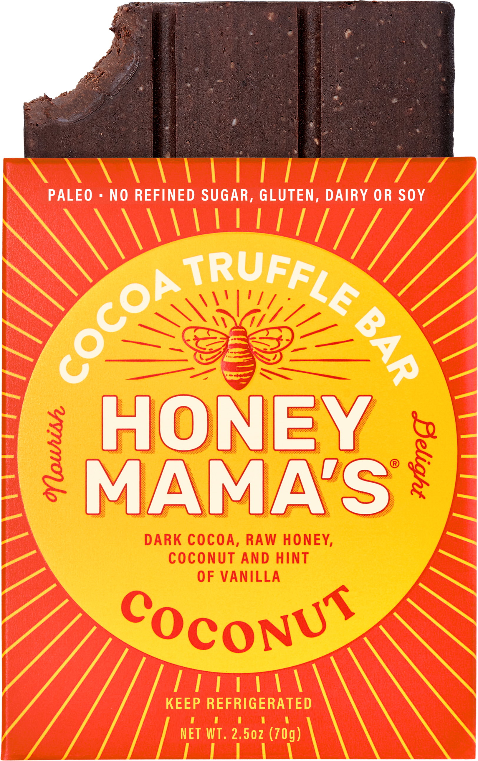 Packaging of Honey Mama's Coconut Cocoa Truffle Bar with the product visible. On the packaging we can see that the bar is made from real foods only, paleo, refined sugar-free, dairy-free, and gluten-free.