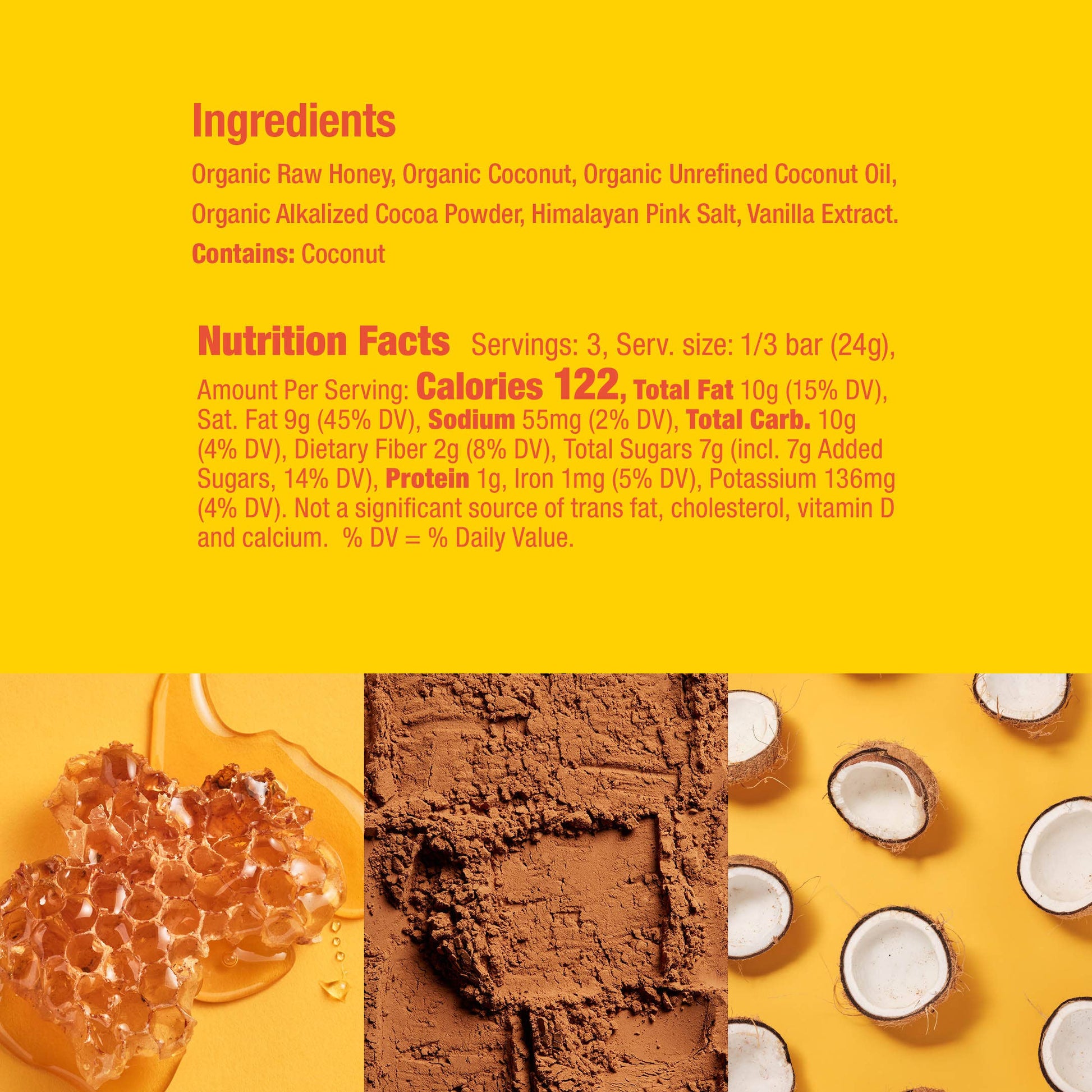 The real foods used to make the Honey Mama's Coconut Cocoa Truffle Bar. Ingredients, Nutrition facts and pictures of some of the natural foods used.