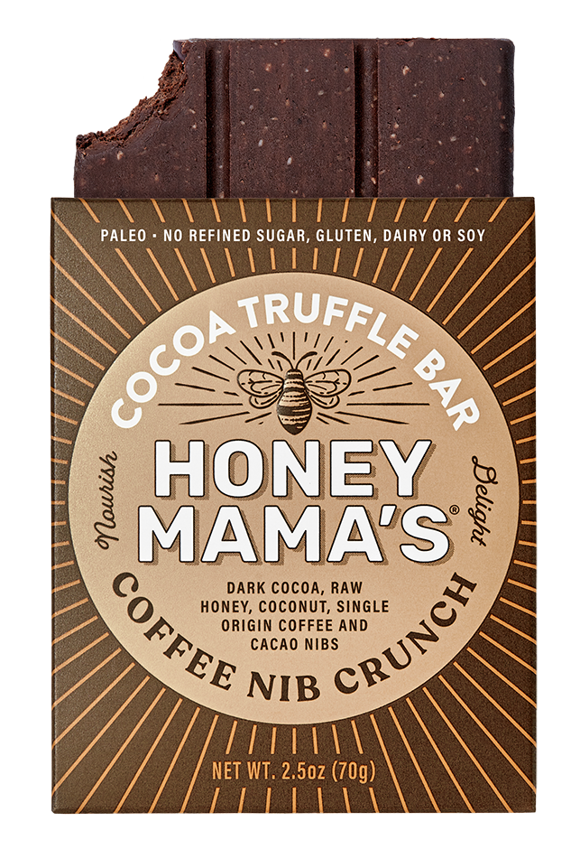 Packaging of Honey Mama's Coffee Nib Crunchy Cocoa Truffle Bar. On the packaging we can see that the bar is made from real foods only, paleo, refined sugar-free, dairy-free, and gluten-free.