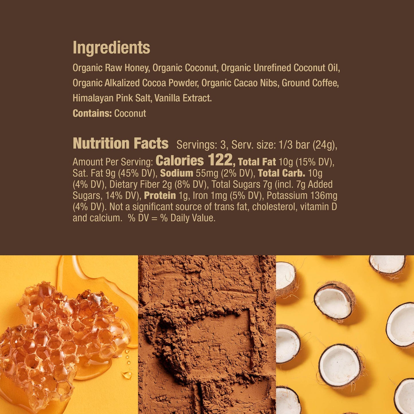 The real foods used to make the Honey Mama's Coffee Nib Crunchy Cocoa Truffle Bar. Ingredients, Nutrition facts and pictures of some of the natural foods used.