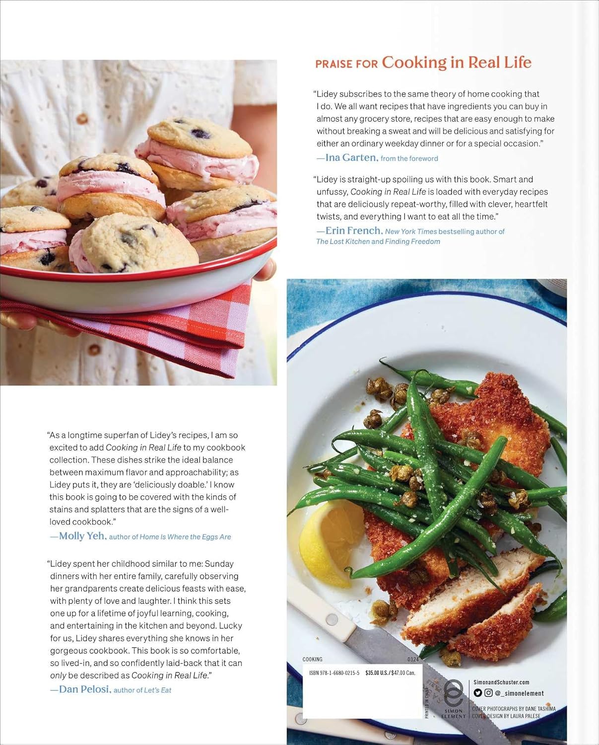 Back cover from the cookbook Cooking in real life by Lidey Heuck, featuring a plate of food and a bowl of cookies with praise for the book on a white background.