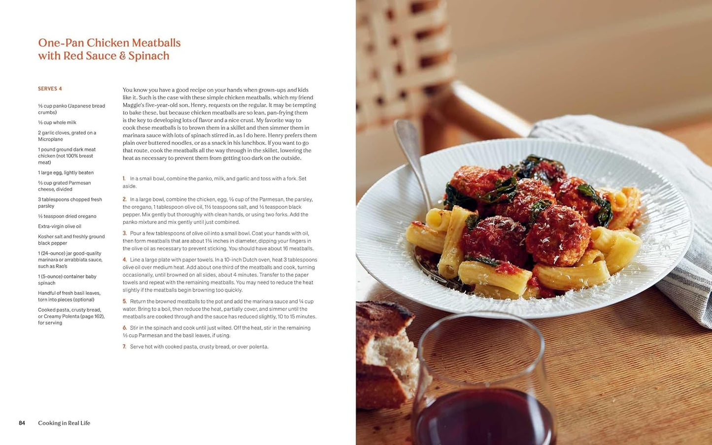 Recipe from the 'Cooking in Real life' cookbook by Lidey Heuck: Pasta with chicken meatballs, red sauce and spinach