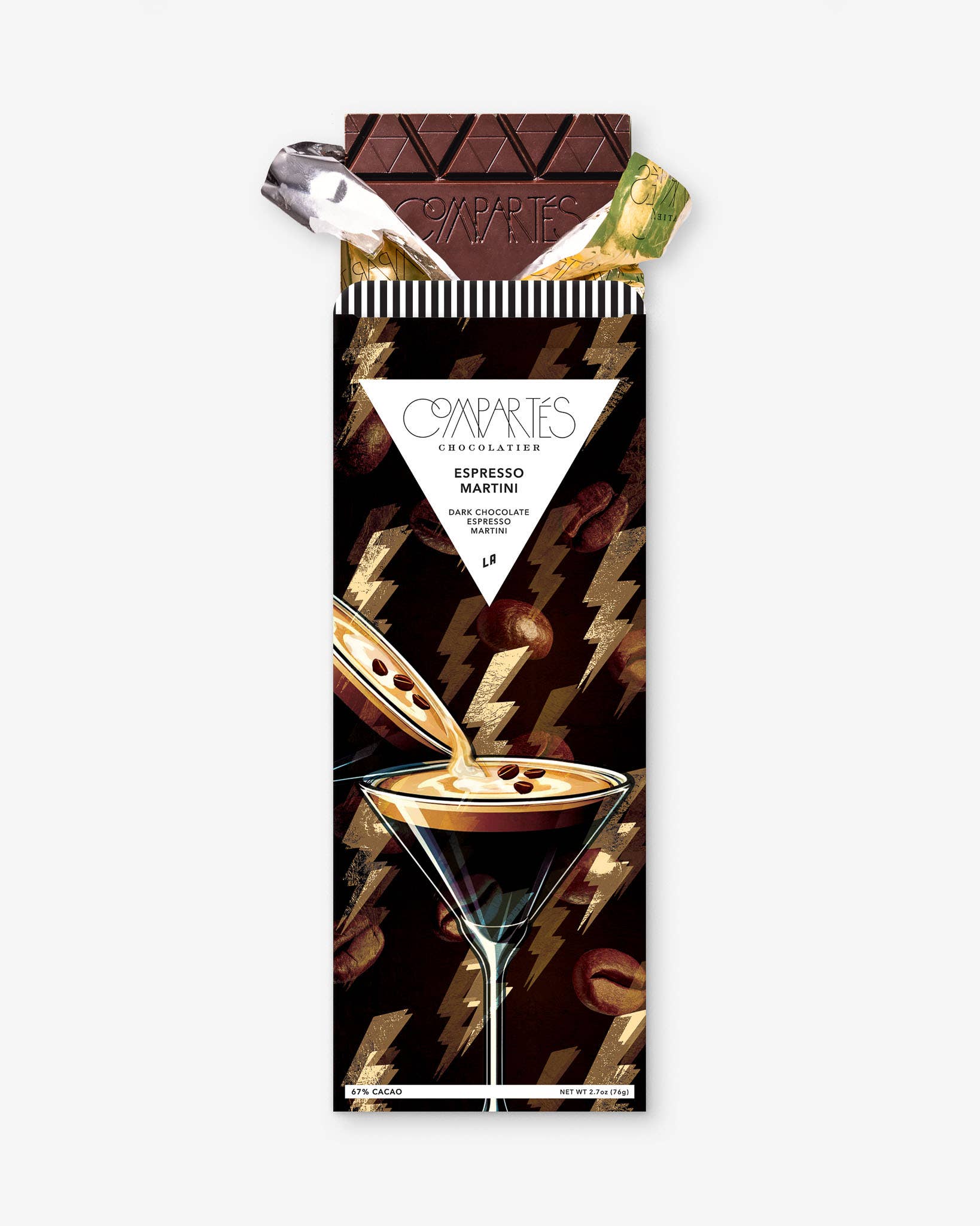 A Compartes dark chocolate bar with a sophisticated design, labeled 'ESPRESSO MARTINI', indicating a combination of chocolate, vodka, and espresso flavors. The packaging is dark with espresso-colored drinks and chocolate pieces, suggesting the product's flavor profile.