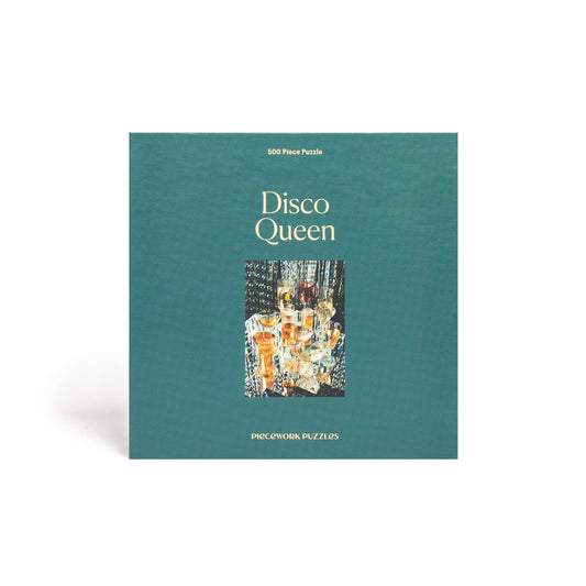 Disco Queen 500-piece puzzle box with colorful sparkling artwork from Piecework Puzzles