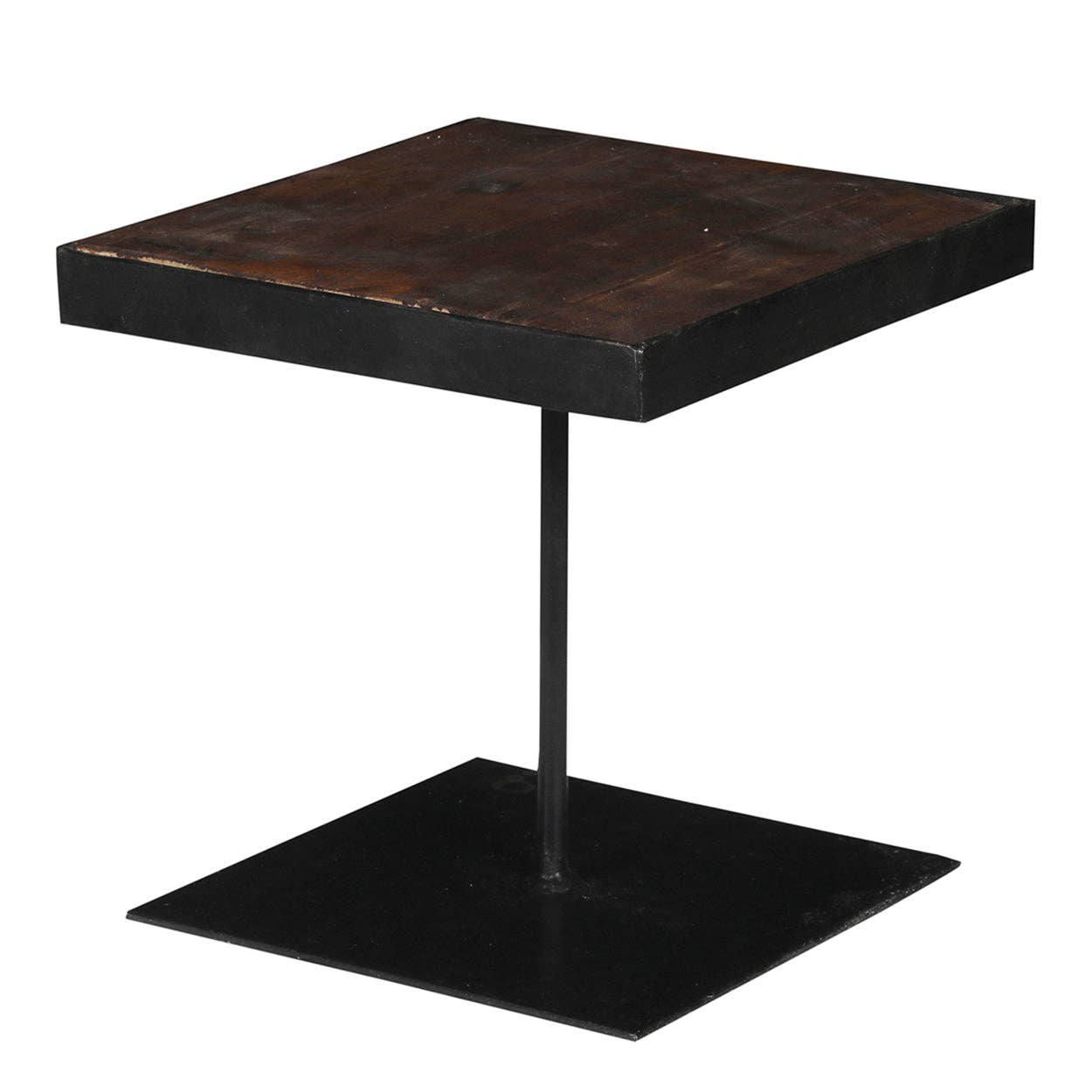 Black iron display riser with wood top, large version.