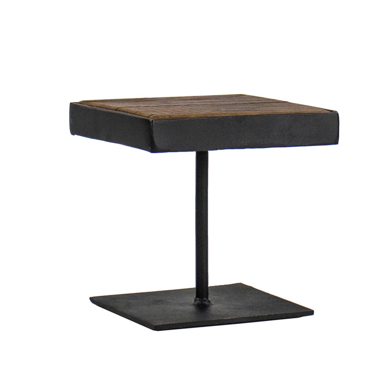 Black iron display riser with wood top, small version, viewed from the side.
