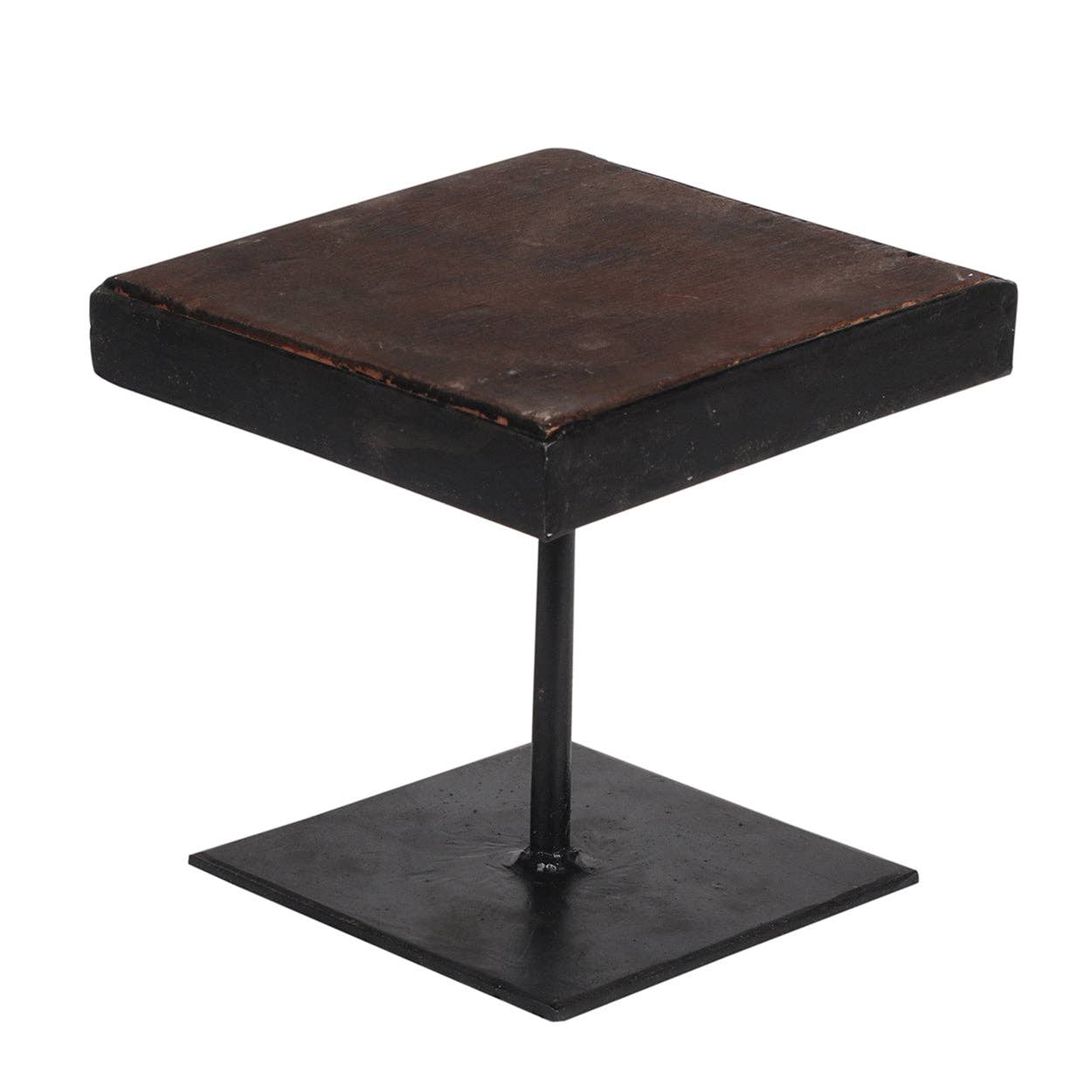 Black iron display riser with wood top, small version.