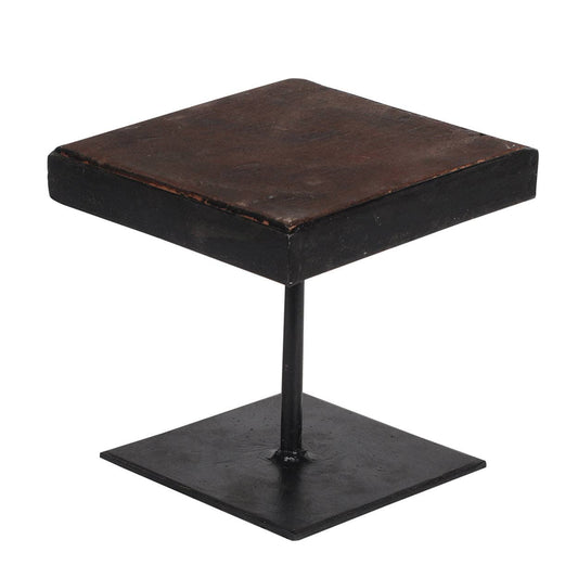 Black iron display riser with wood top, small version.
