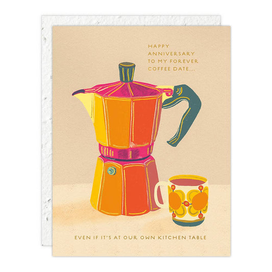 Greeting card with illustration of a red and yellow espresso maker and a colorful vintage cup, with text celebrating an anniversary.