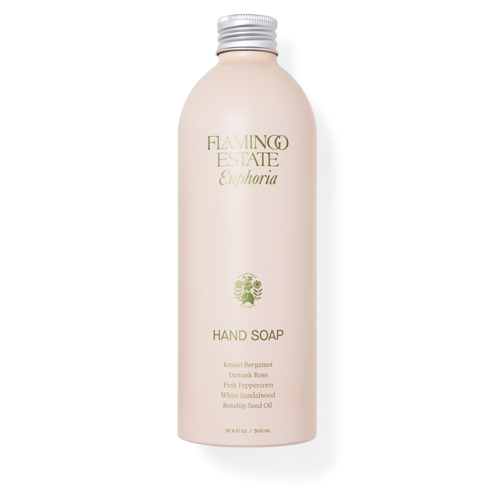 Hand soap bottle with 'Flamingo Estate Euphoria' branding on a white background