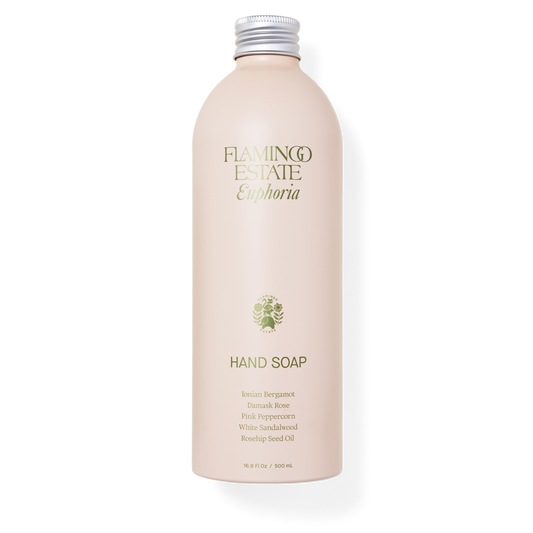 Hand soap bottle with 'Flamingo Estate Euphoria' branding on a white background