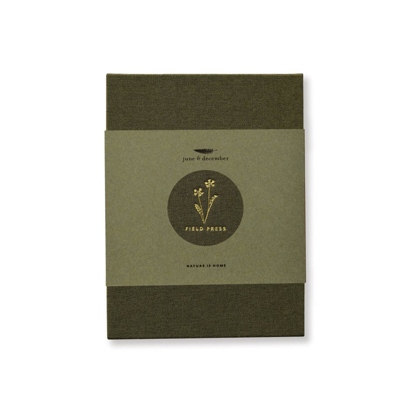 A green linen-covered field flower press with gold foil details by June & December.