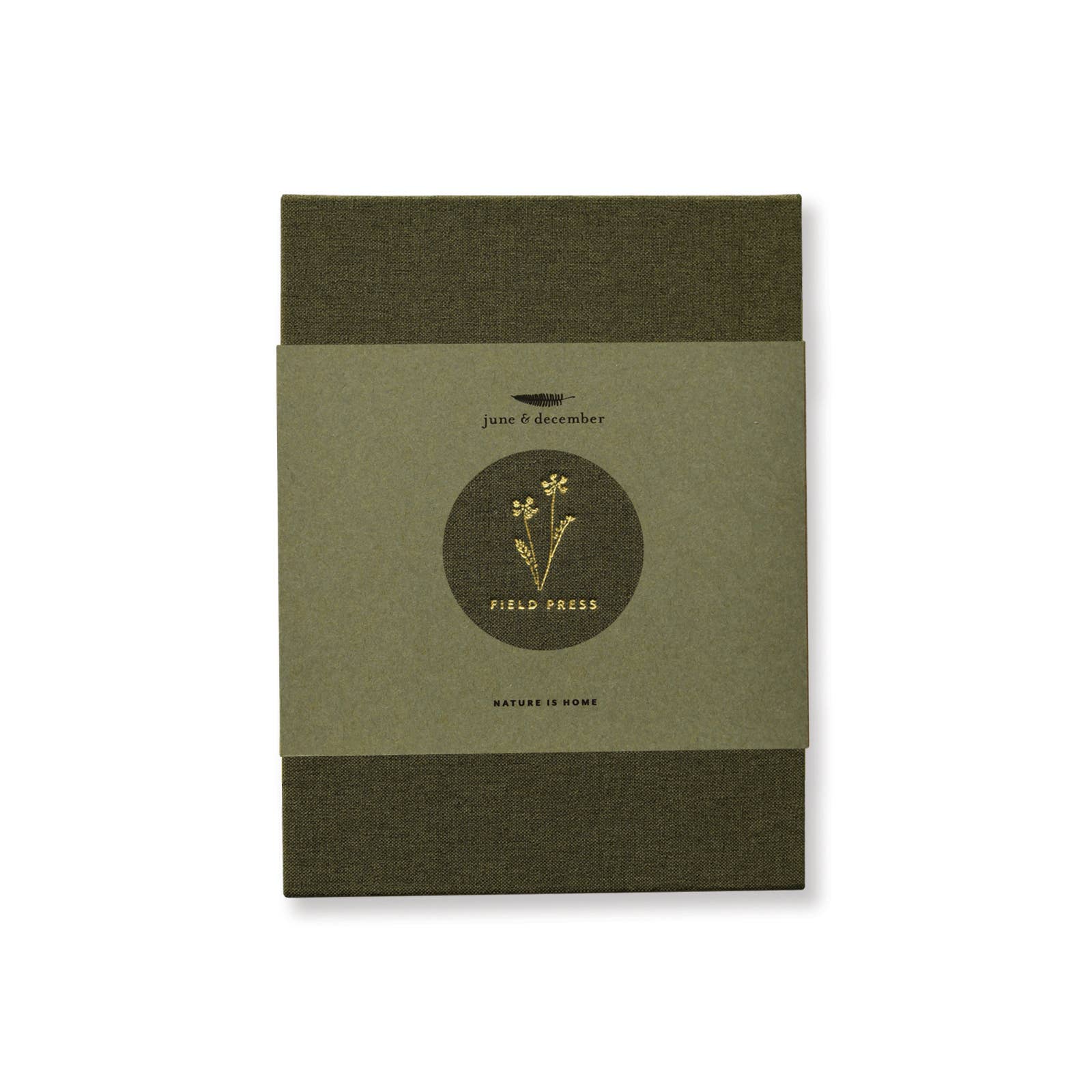 A green linen-covered field flower press with gold foil details by June & December.