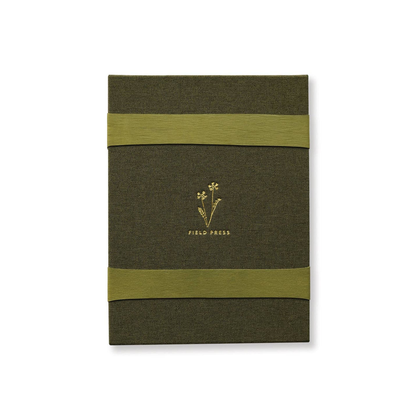 A green linen-covered field flower press with gold foil details and two heavyweight bands by June & December.