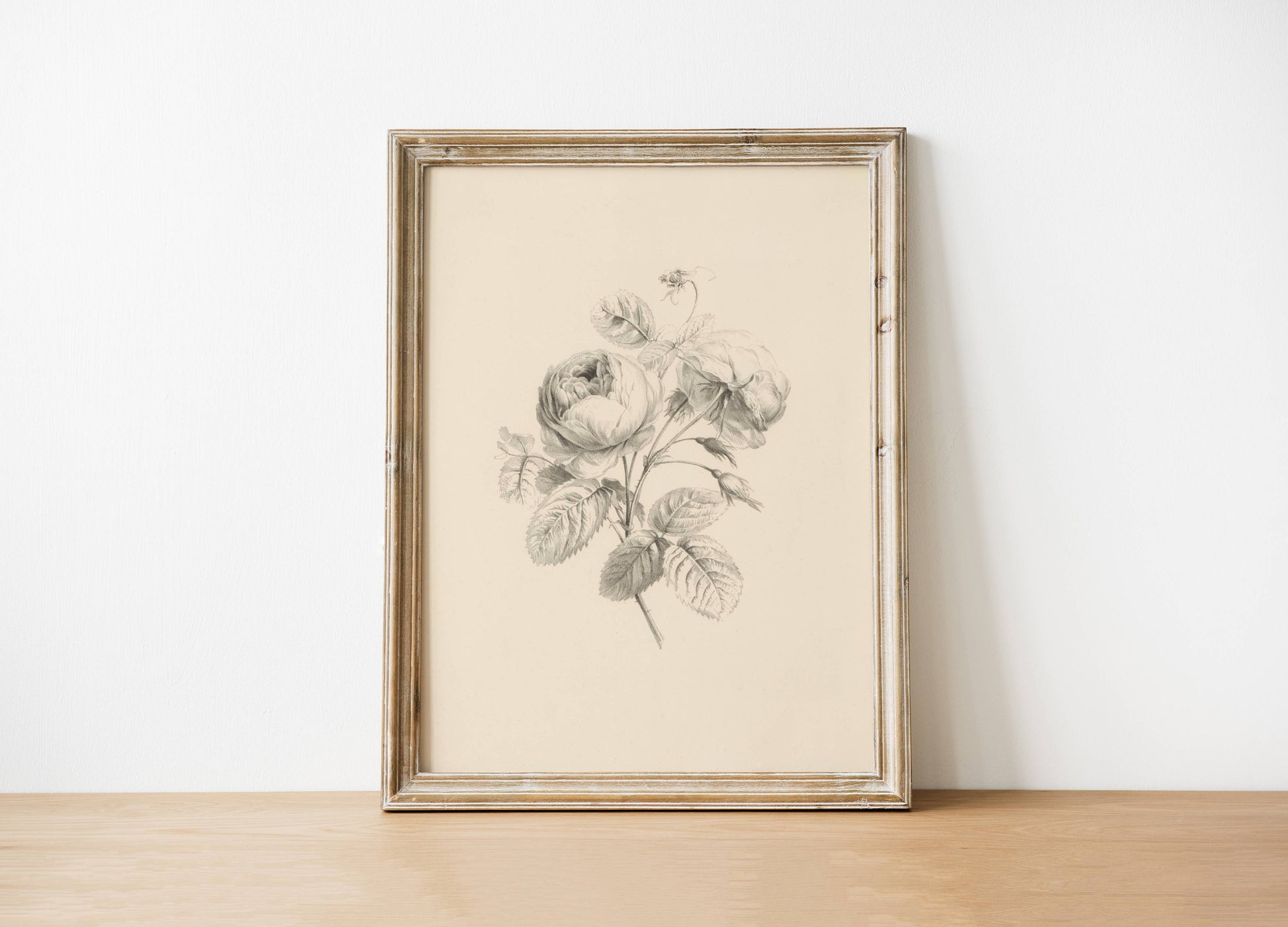 Monochrome Floral antique vintage art, framed in a wooden frame and displayed on a wooden furniture.