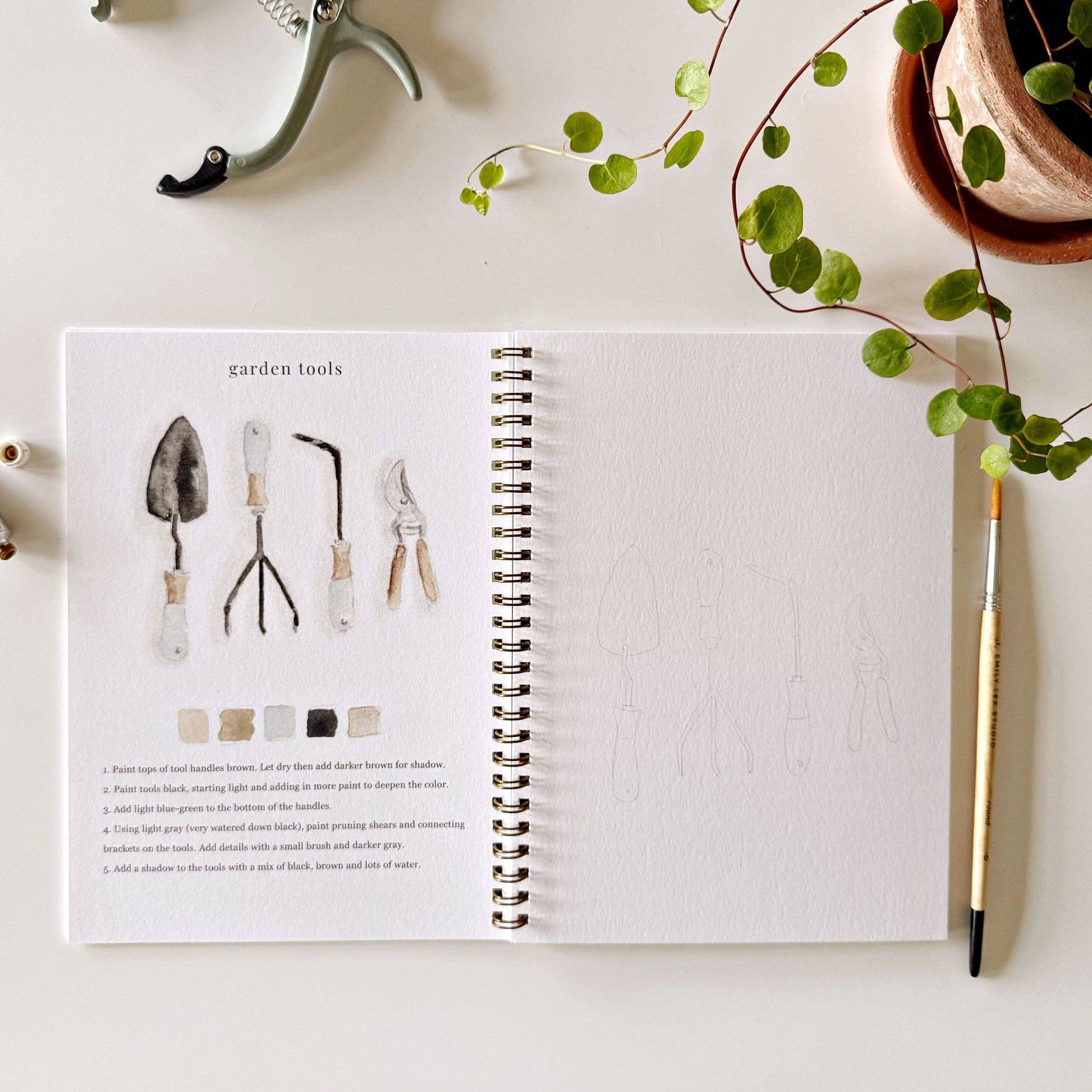 Creative watercolor activity book with step-by-step garden sketches, here on the garden tools page