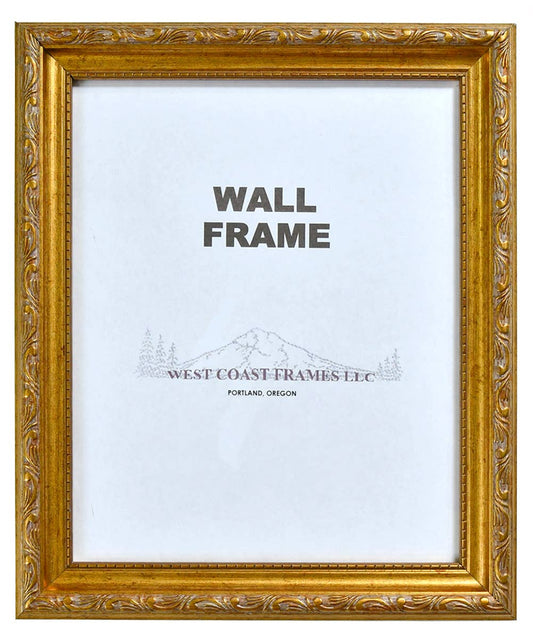 A gold antique filigree poly picture frame with a clear glass panel labeled 'WALL FRAME' and a sawtooth hanger.