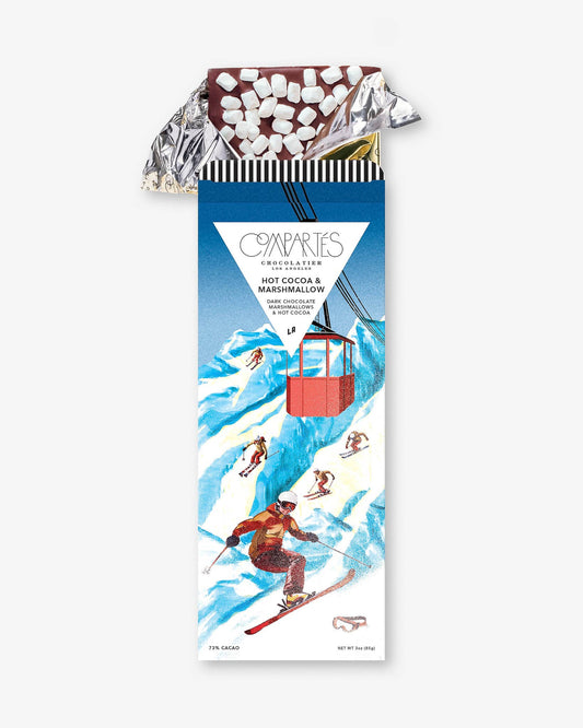 Hot cocoa dark chocolate bar with marshmallows with a holiday-themed ski packaging, perfect for gifting