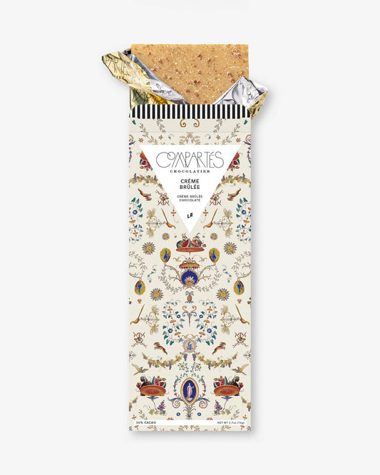 Gourmet Creme Brulee chocolate bar with a chic packaging that recalls the era of kings and queens