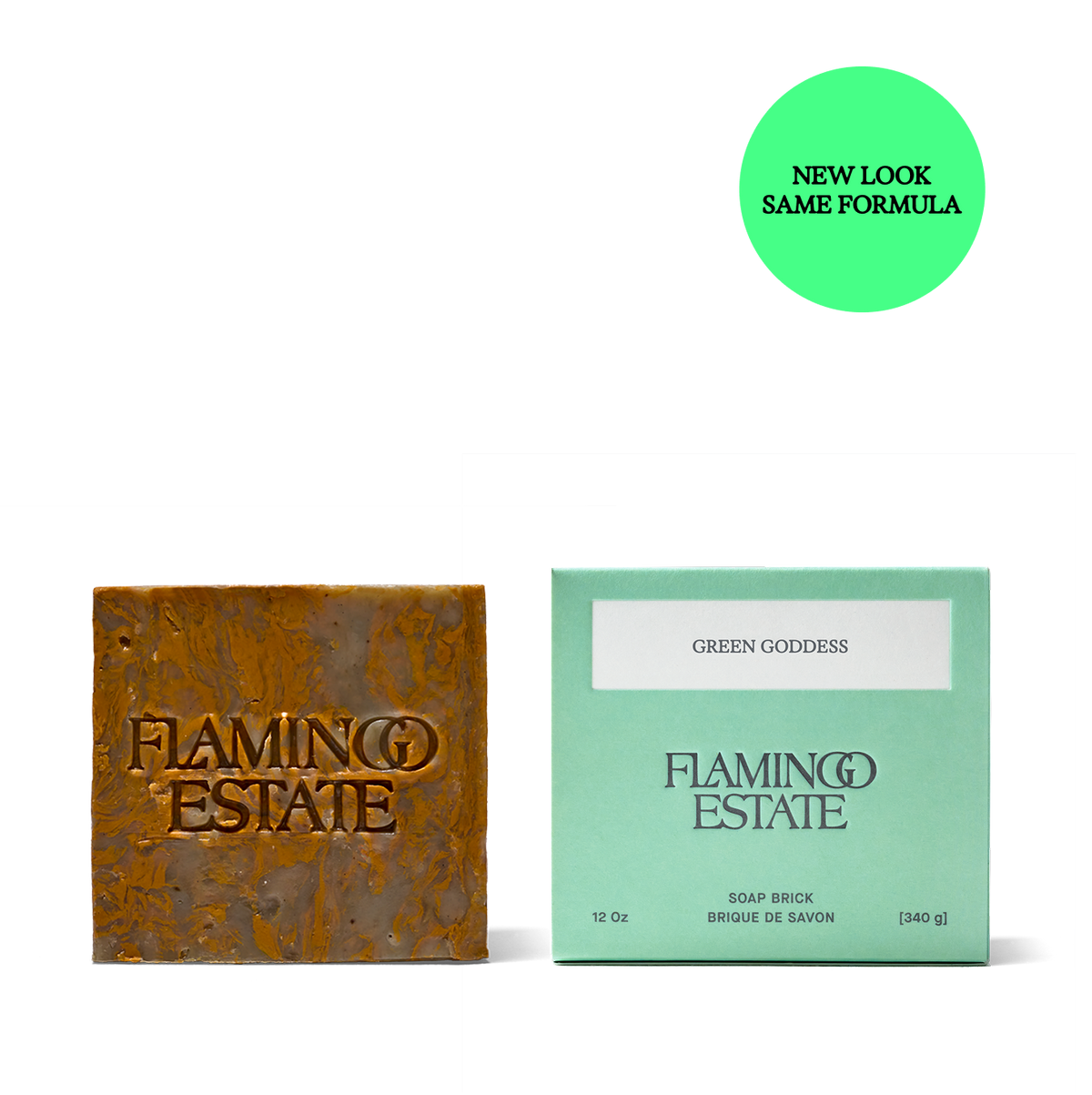 Green Goddess botanical bar soap with basil and mint and its packaging with 'Flamingo Estate' branding on a white background.