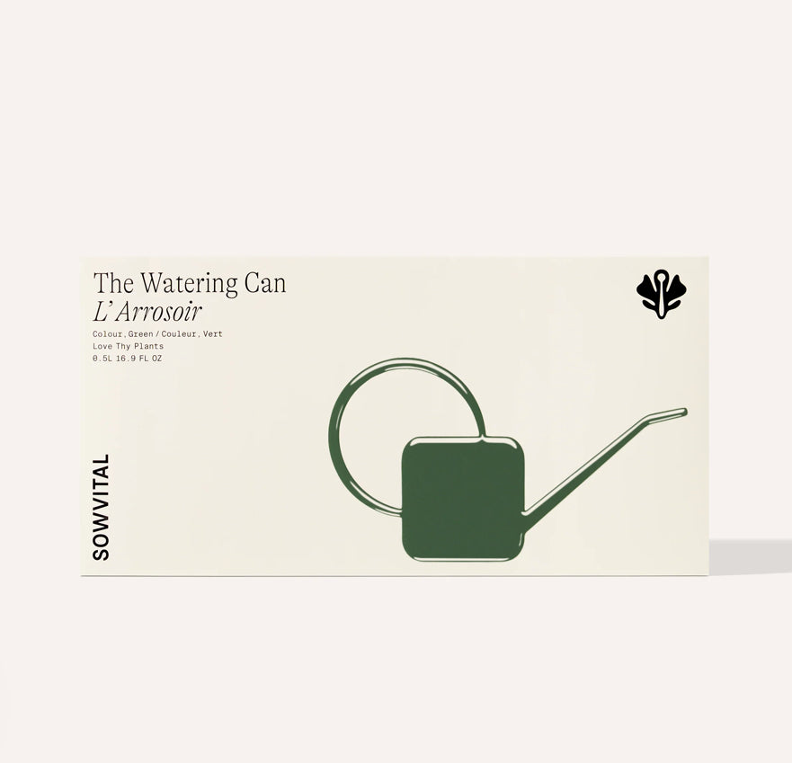 Modern dark green watering can design on a beige background with text and branding.
