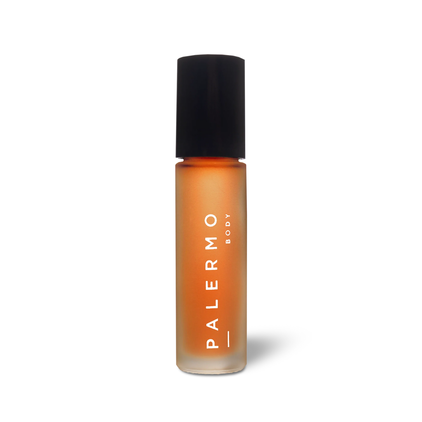 Small bottle of Palermo Body Harmonizing Aromatherapy Oil with a black cap on a white background